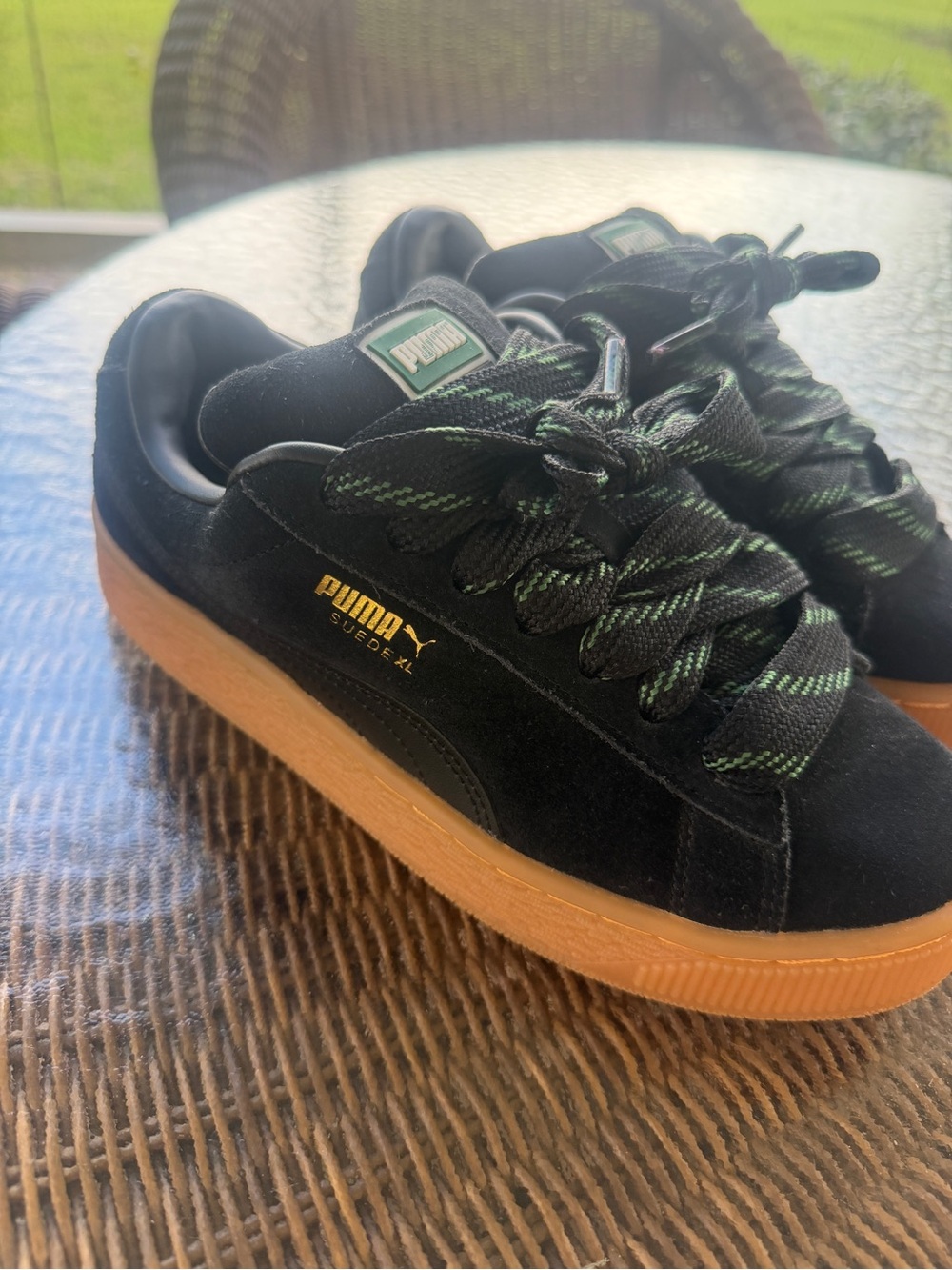 Puma Big Kid Black Gum Suede Y2K Skate Sneakers with Gum Sole and Green Accents